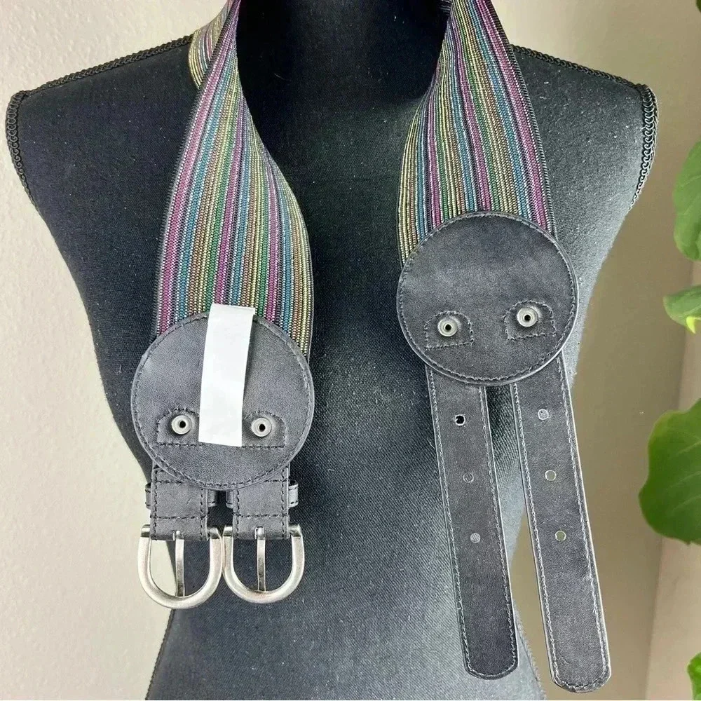 Women’s Wide Multicolored Elastic Vegan Leather Brushed Silver Tone Buckles Belt